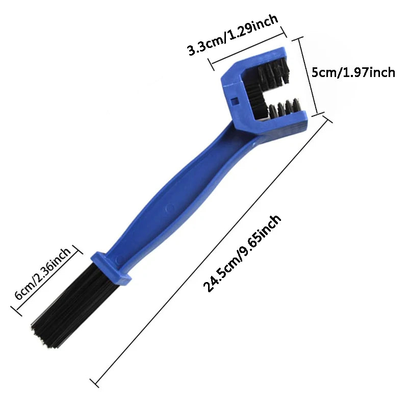Blue universal chain cleaning brush with a flexible handle and bristles for motorcycles and bicycles