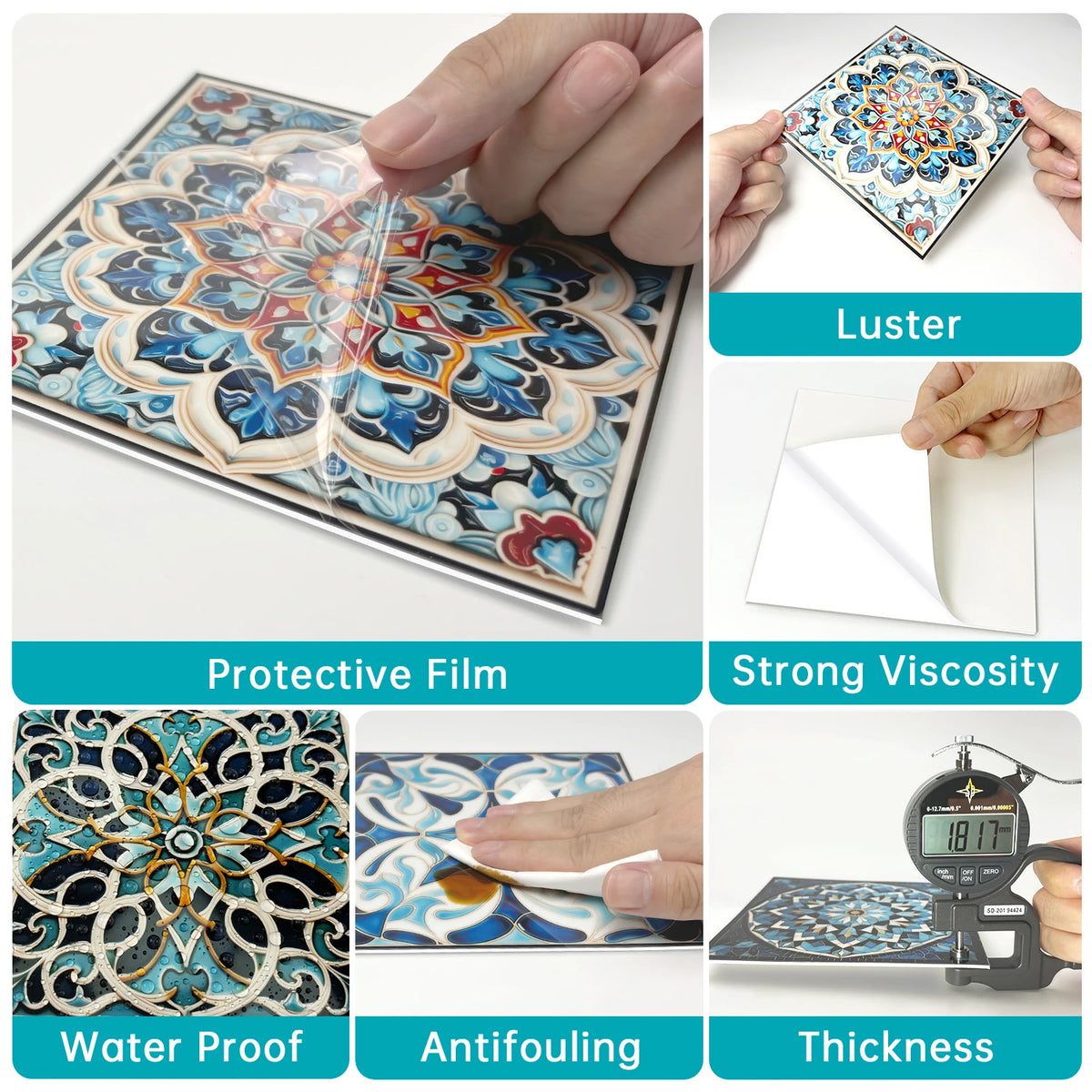 Floral peel and stick tile stickers showing various features like luster, protective film, water proofness, antifouling, and 