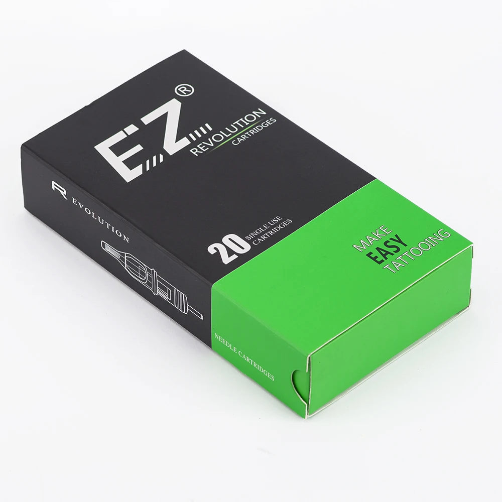 A black box of EZ Revolution cartridges for professional tattoo needles is shown on a white background.