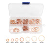 A clear plastic case containing various copper sealing washers and sump plugs for fittings.