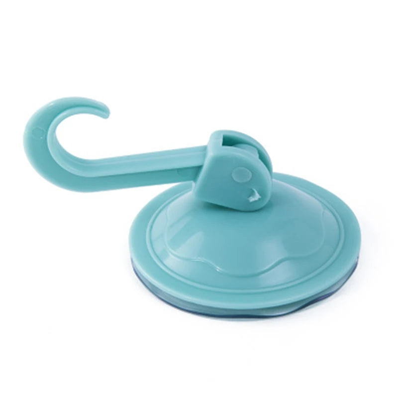 A light blue heavy-duty suction cup hook with a curved handle and circular base.