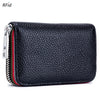 A black genuine leather card holder with a zipper and RFID protection feature.