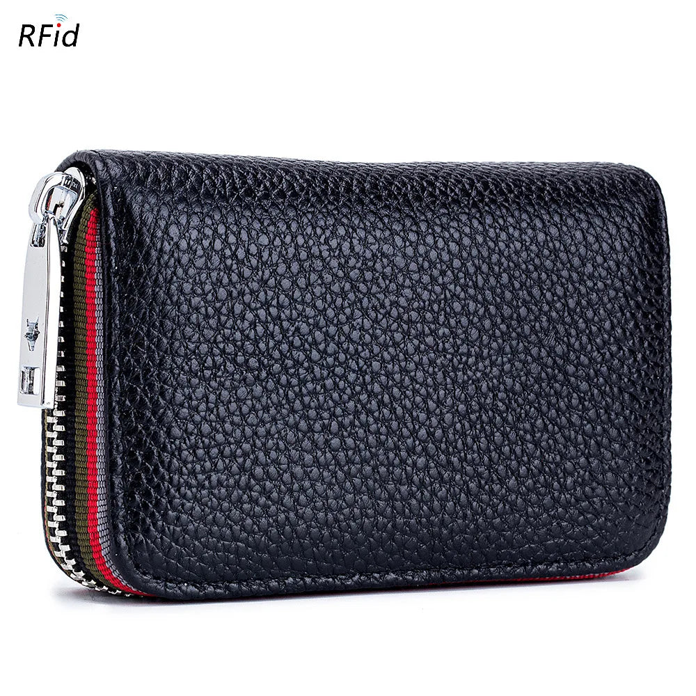 A black genuine leather card holder with a zipper and RFID protection feature.