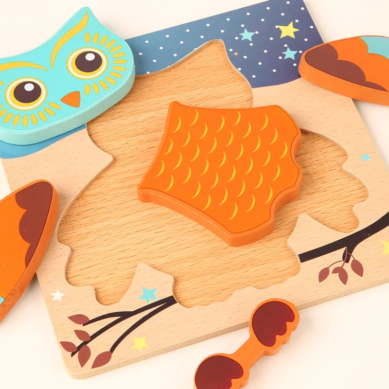 A wooden puzzle set featuring three animal shapes, including an owl, a tiger, and a squirrel, for toddlers.