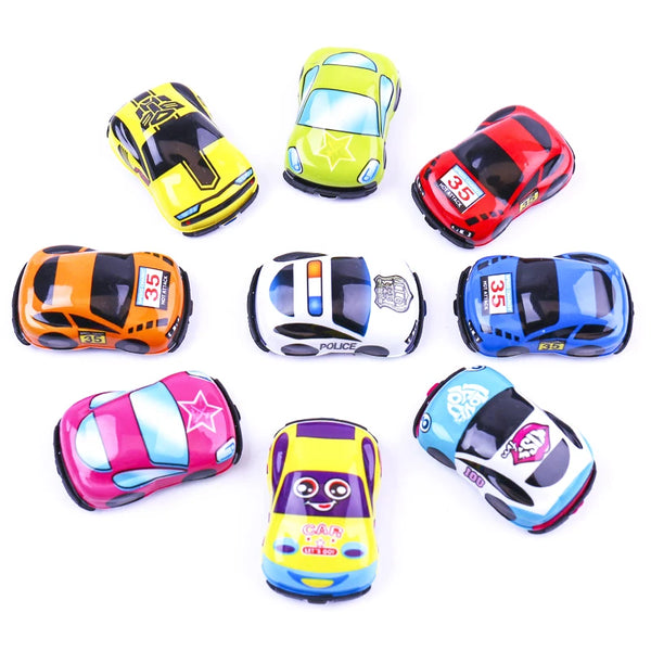 Eine Sammlung bunter Mini-Zolltasen-Spielzeugautos in verschiedenen Designs und Farben.