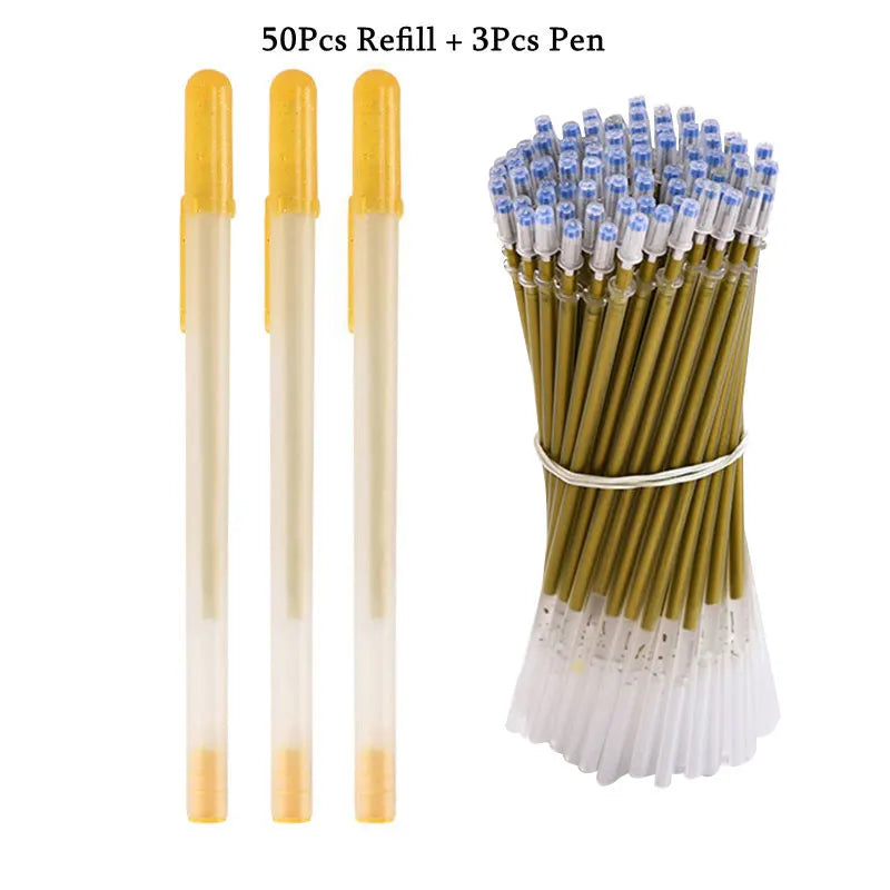 A set of 50 refill pens and 3 pens with gold and silver tips shown alongside individual pens.