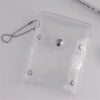 A clear PVC card holder with a silver stud and a beaded chain is displayed on a white surface.