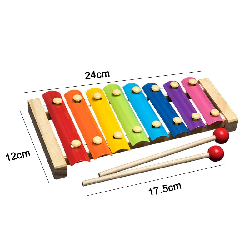 A set of 10 colorful wooden puzzles for toddlers, arranged in a row with measurements indicating size.