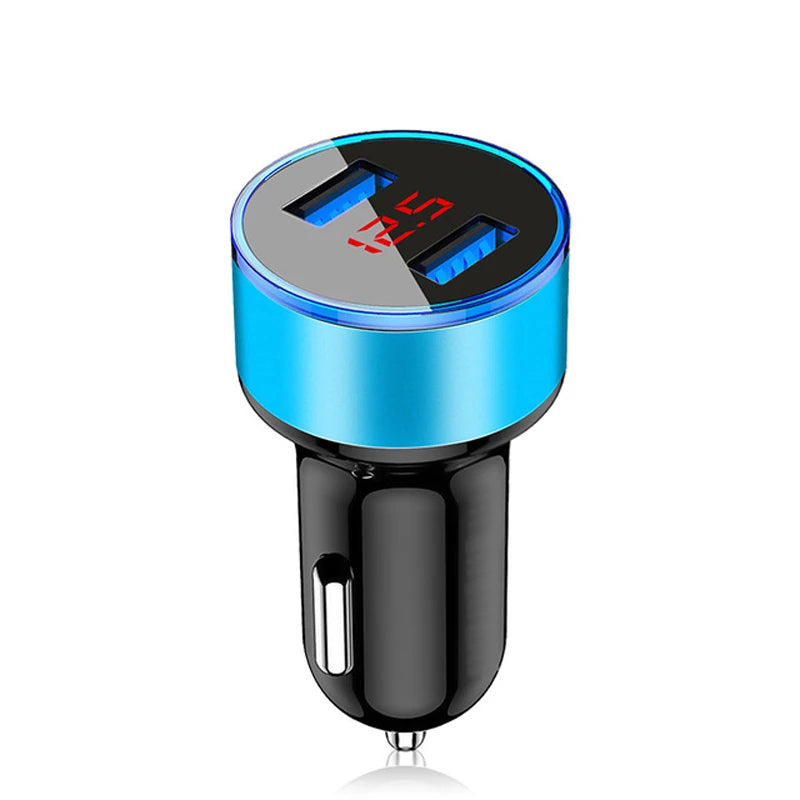 A close-up view of a blue and black dual USB fast car charger with a digital display.