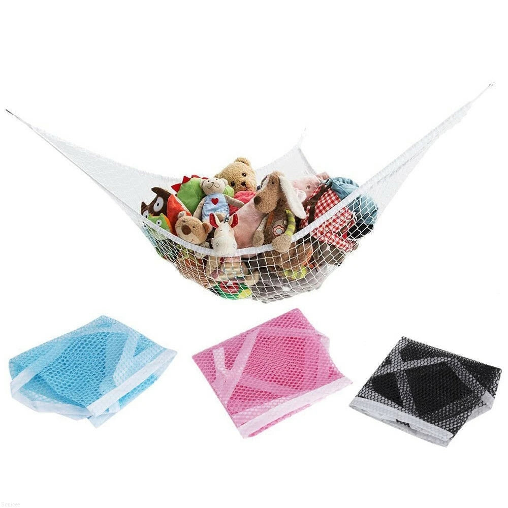 A large mesh toy storage hammock filled with stuffed animals and toys.