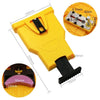Yellow portable chainsaw sharpener tool showing various components and dimensions.
