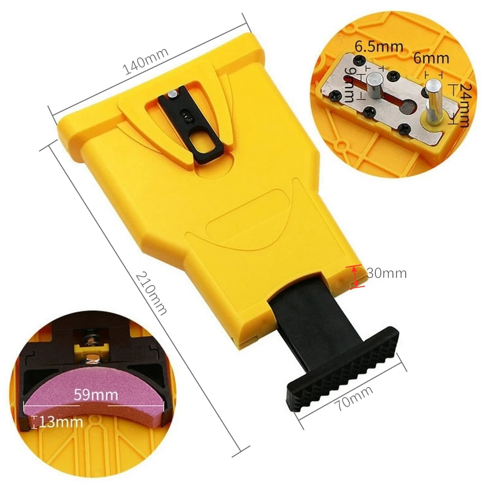 Yellow portable chainsaw sharpener tool showing various components and dimensions.