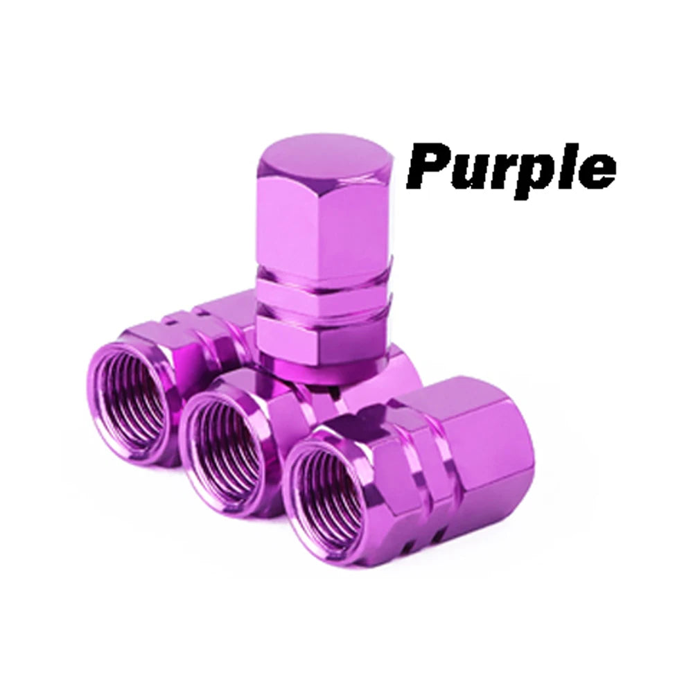 Purple durable aluminum tire valve caps shown in various sizes and angles