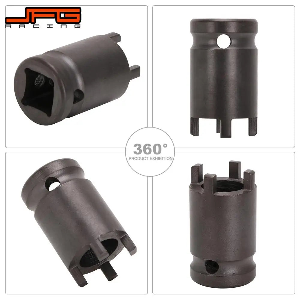 A set of black 4-pin lock nut removal sockets for Sur-Ron and Segway electric bikes shown in various angles.