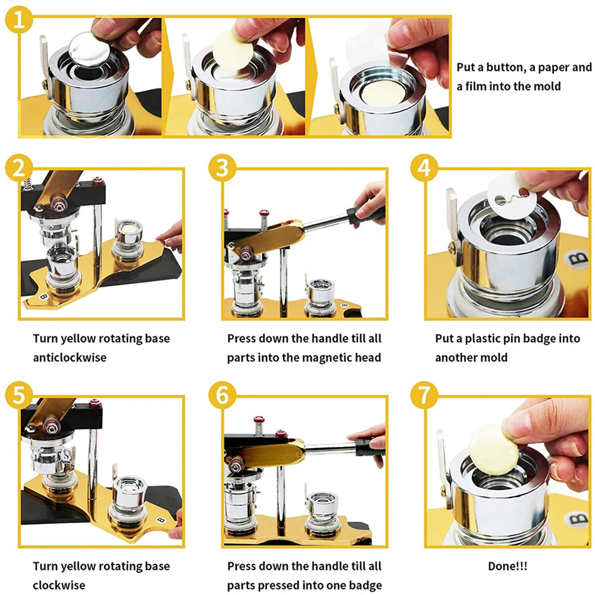 Step-by-step instructions showing how to use a button maker machine kit with circle cutter and molds.