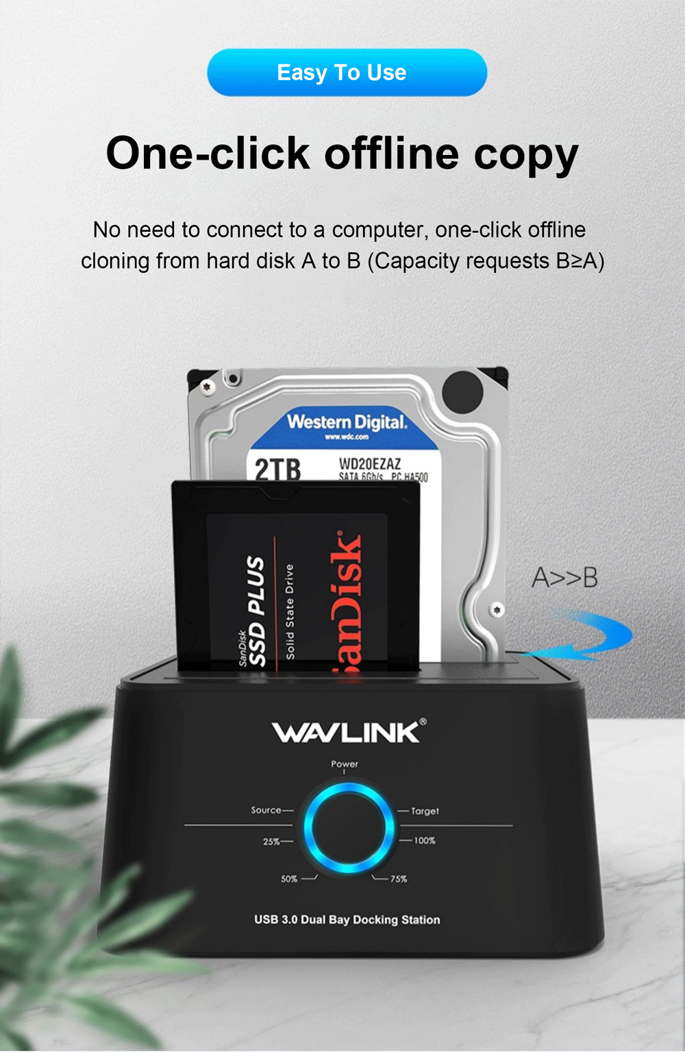 Dual Bay SATA Hard Drive Docking Station with Offline Clone Function