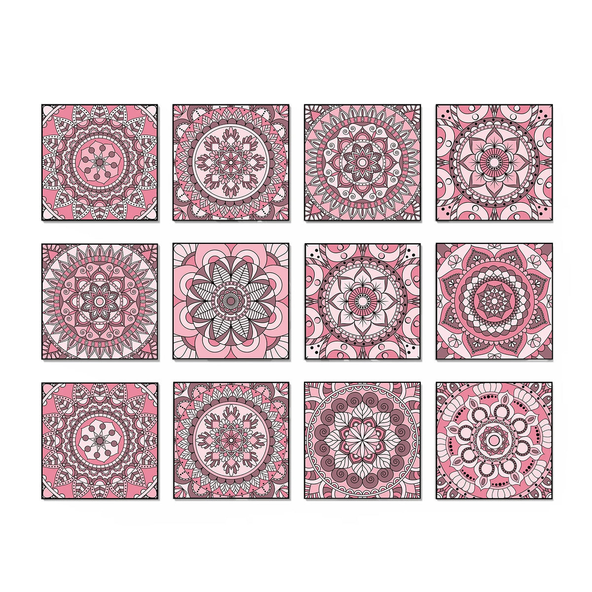 A grid of nine floral mandala pattern tiles in pink and gray for decorative use.