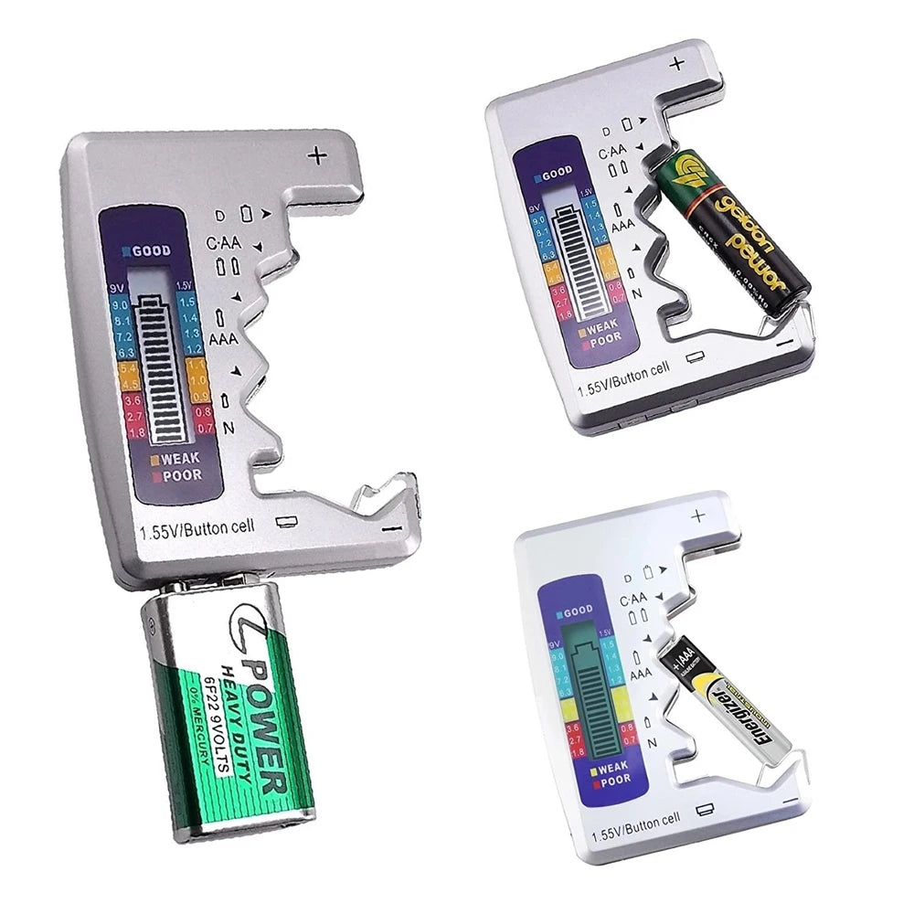 Universal Battery Tester with LCD Display for AA, AAA, 9V, and Button Cells