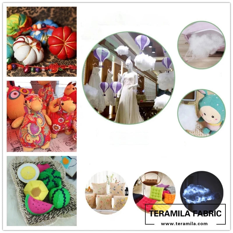 A collection of soft polyester pearl cotton stuffing materials including fabric, decorative items, and DIY craft supplies.