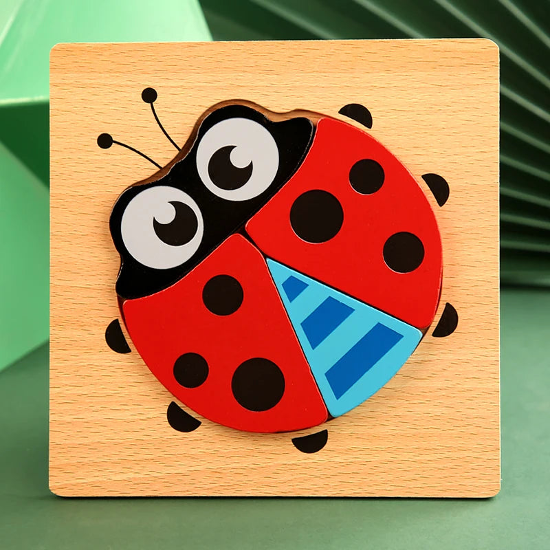 A wooden puzzle featuring a red and black ladybug design on a light wood background.
