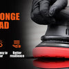 A hand wearing a black glove is polishing a red sponge pad on a black surface.
