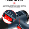 A blue digital heat gun showing an adjustment switch for low and high air flow speed modes.