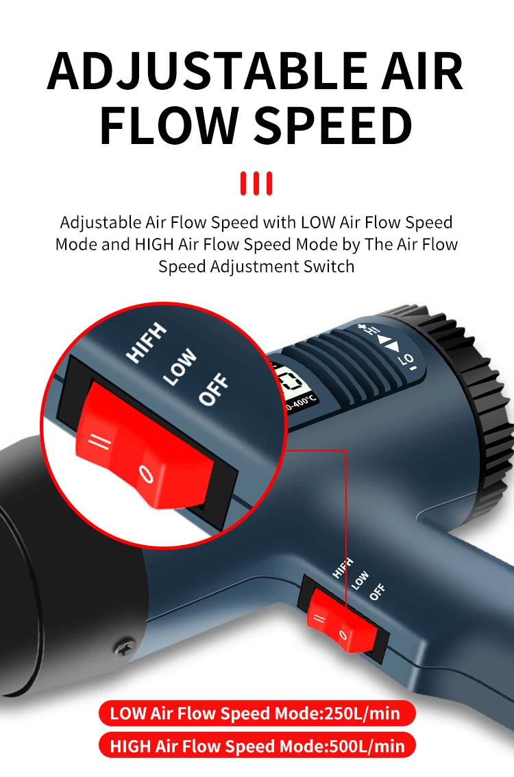 A blue digital heat gun showing an adjustment switch for low and high air flow speed modes.