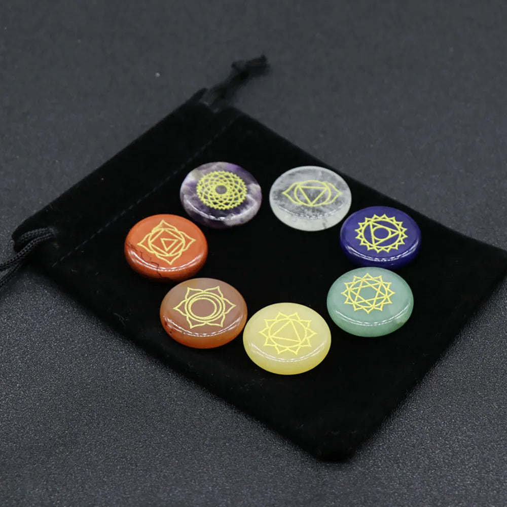 7 Chakra Healing Crystal Stones Set with Engraved Symbols