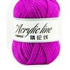 A ball of bright magenta acrylic yarn labeled as Acrylic line with the text 41 gauge.