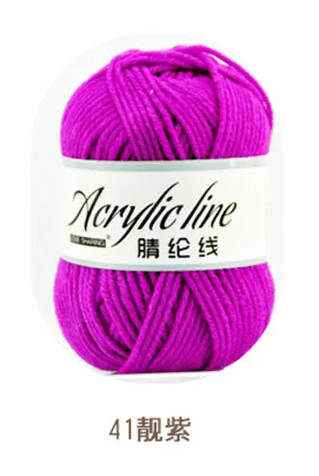 A ball of bright magenta acrylic yarn labeled as Acrylic line with the text 41 gauge.