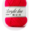 A ball of bright magenta acrylic yarn labeled Acrylic line in the color China Red.