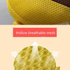 Close-up of a yellow and brown mesh toddler head protector backpack with breathable material.