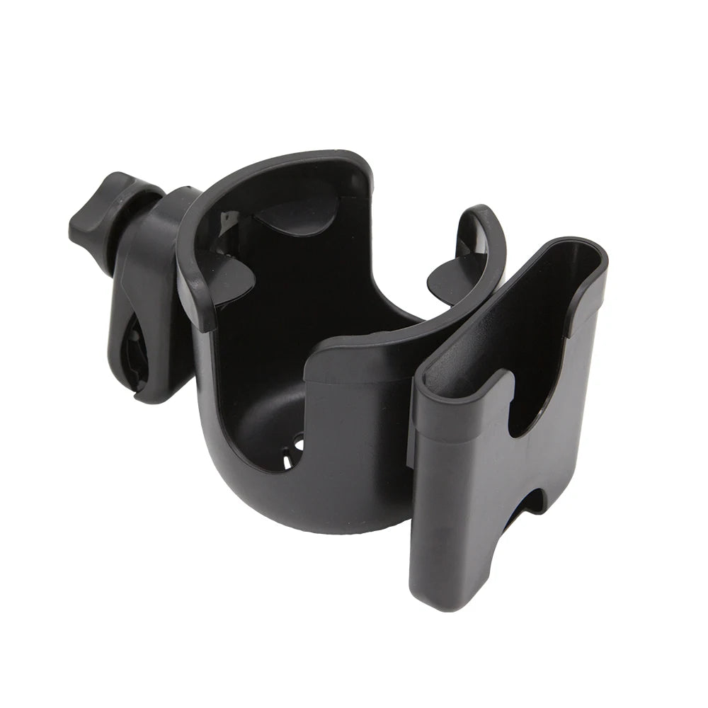 Black universal stroller cup and phone holder with multiple mounting options