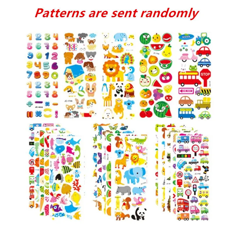 A large sheet of colorful 3D puffy stickers featuring various animals, dinosaurs, numbers, and shapes for kids.