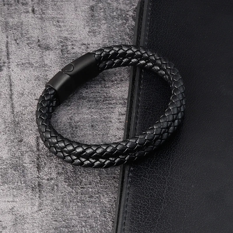 Men's Leather and Stainless Steel Bracelet with Magnetic Clasp