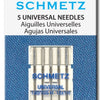 A box of five Schmetz universal sewing machine needles labeled in German and English.