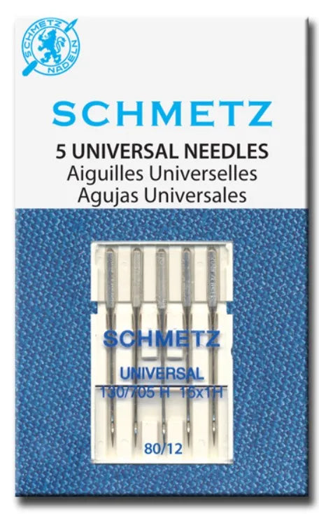 A box of five Schmetz universal sewing machine needles labeled in German and English.