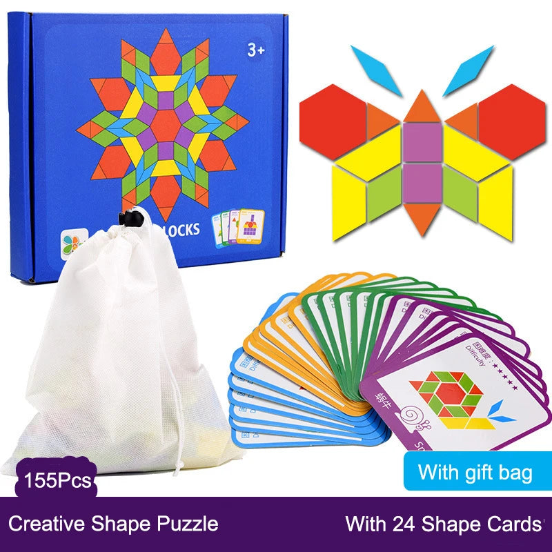 A box of a 155-piece wooden shape puzzle with colorful pieces and a gift bag containing 24 shape cards.