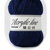 A ball of dark blue acrylic line yarn labeled as 54 gauge for knitting and crochet.