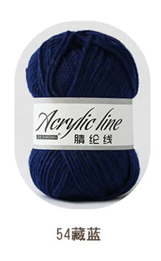 A ball of dark blue acrylic line yarn labeled as 54 gauge for knitting and crochet.