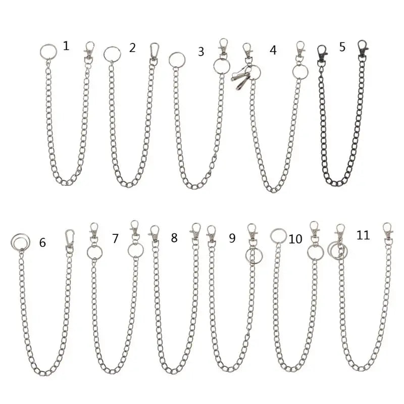 A set of eleven chrome steel punk chain belt accessories with keyrings numbered one through eleven.