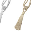 A set of four elegant tassel curtain tiebacks in beige, silver, gold, and gray tones.