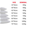 A chart showing various sizes of pillows with corresponding weights in grams.