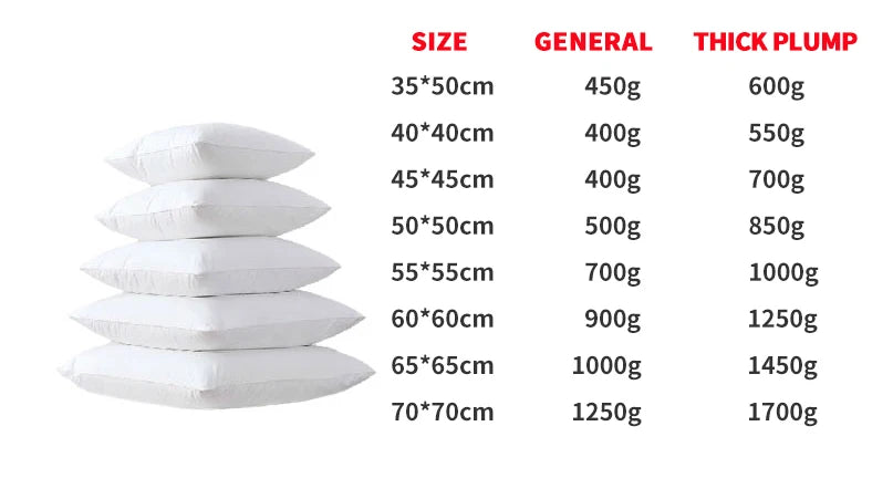 A chart showing various sizes of pillows with corresponding weights in grams.