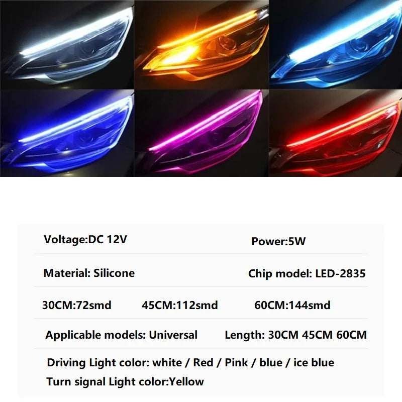 Flexible LED daytime running light strip with sequential turn signal lights in various colors and modes