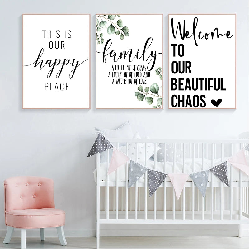 Family Quote Canvas Wall Art – Minimalist Green Leaf Print