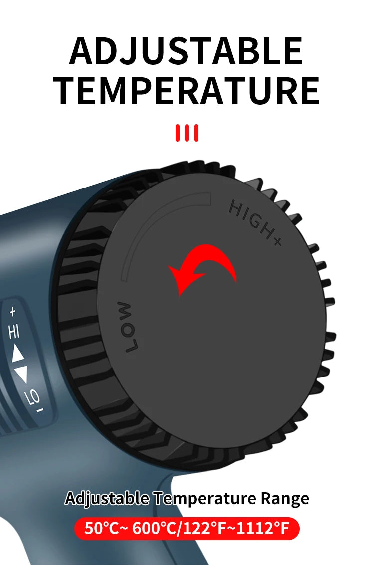 Close-up of a digital heat gun showing an adjustable temperature dial and a range of 50°C to 600°C.