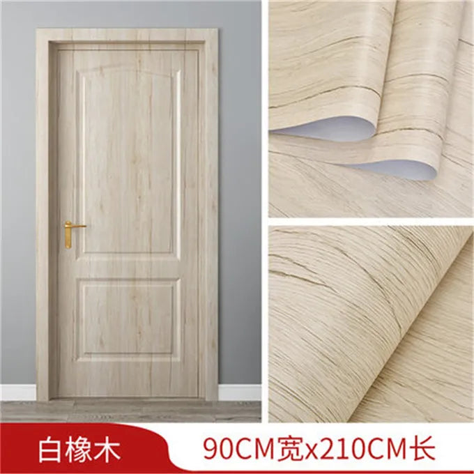 Light wood grain self-adhesive wallpaper for a door showing texture and application examples