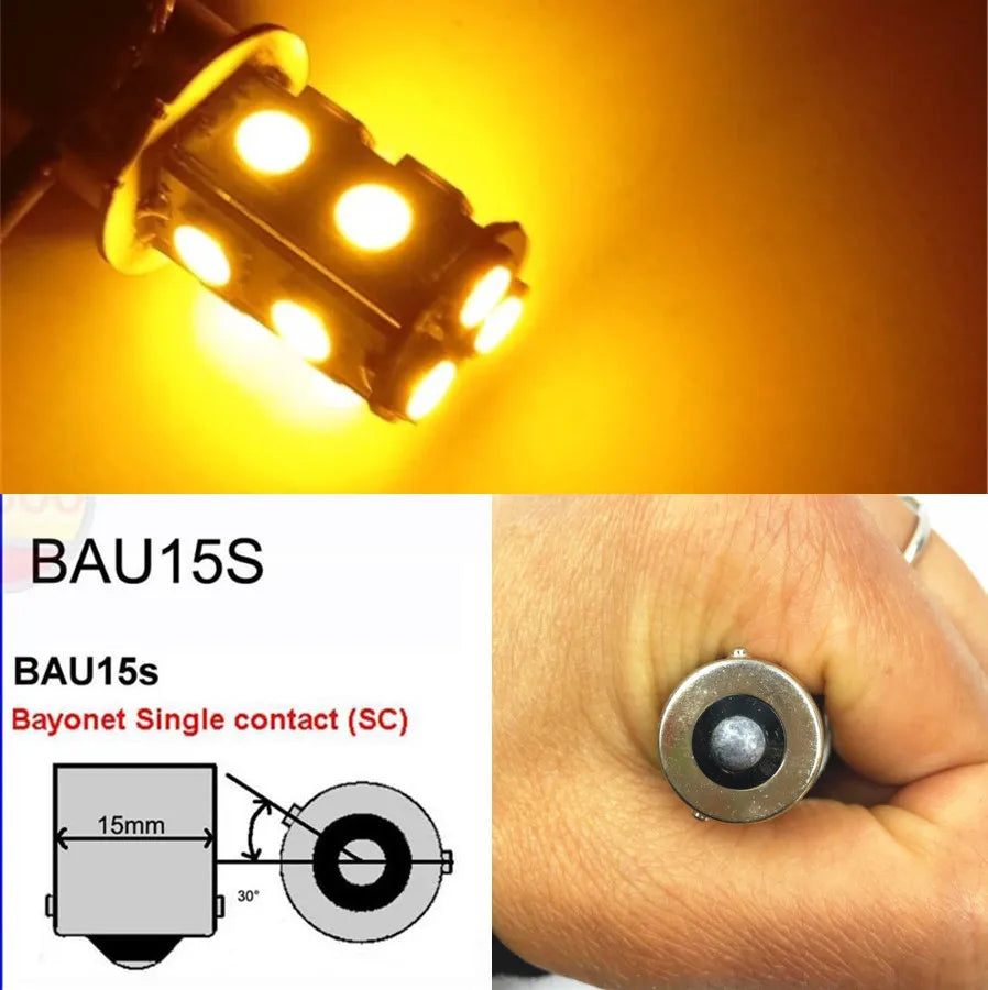 Close-up of a BA15s bayonet single contact LED bulb and its dimensions.