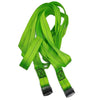 A bundle of bright lime green heavy-duty tie-down straps with black webbing and metal buckles.